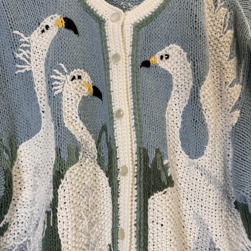 Orvis Cardigan Womens Large Gray Egrets Print Knit Snap Long Sleeve Cozy Sweater - Picture 8 of 14
